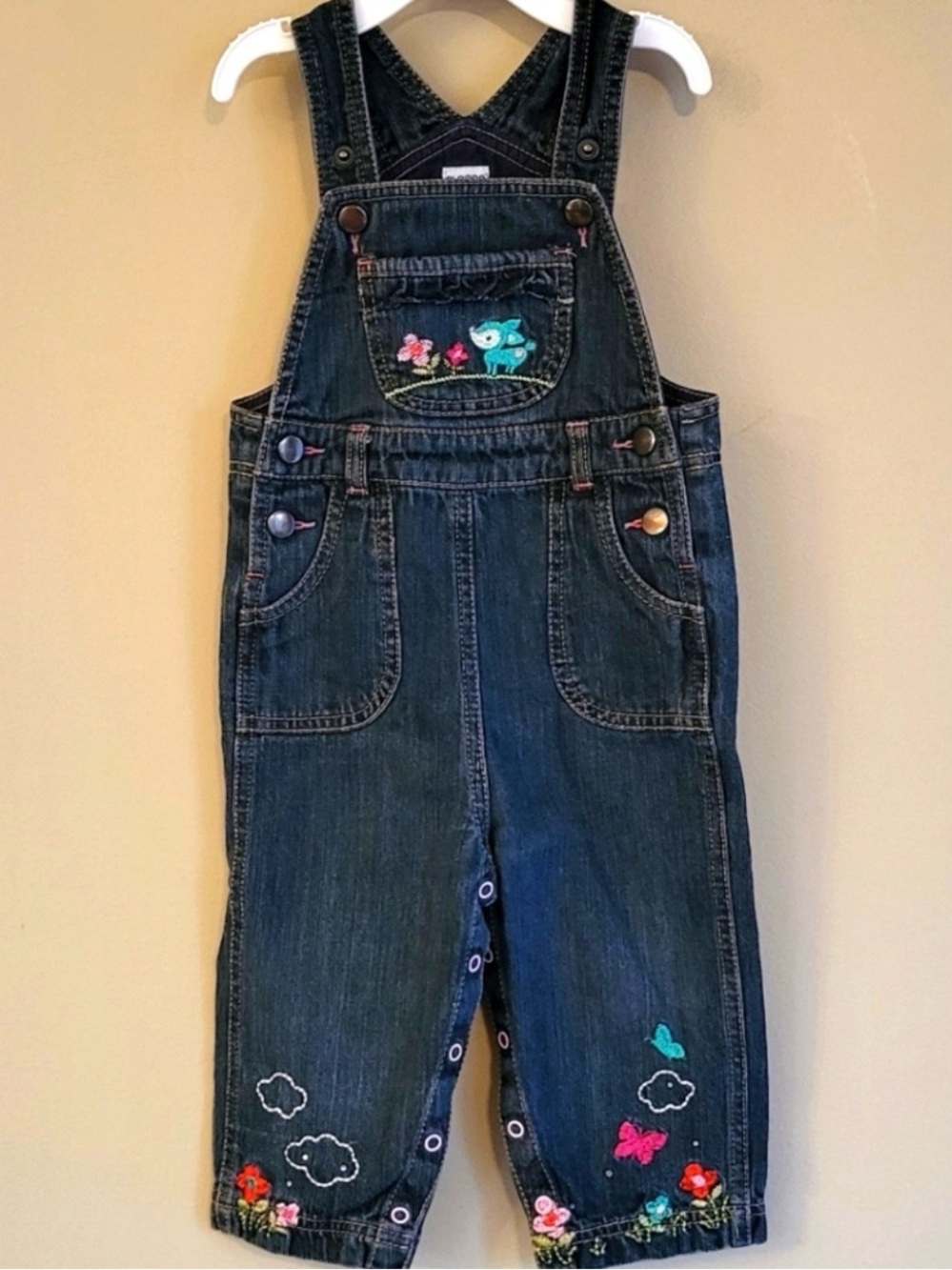 Please Mum Dark Wash Denim Overalls with Embroidered Flowers